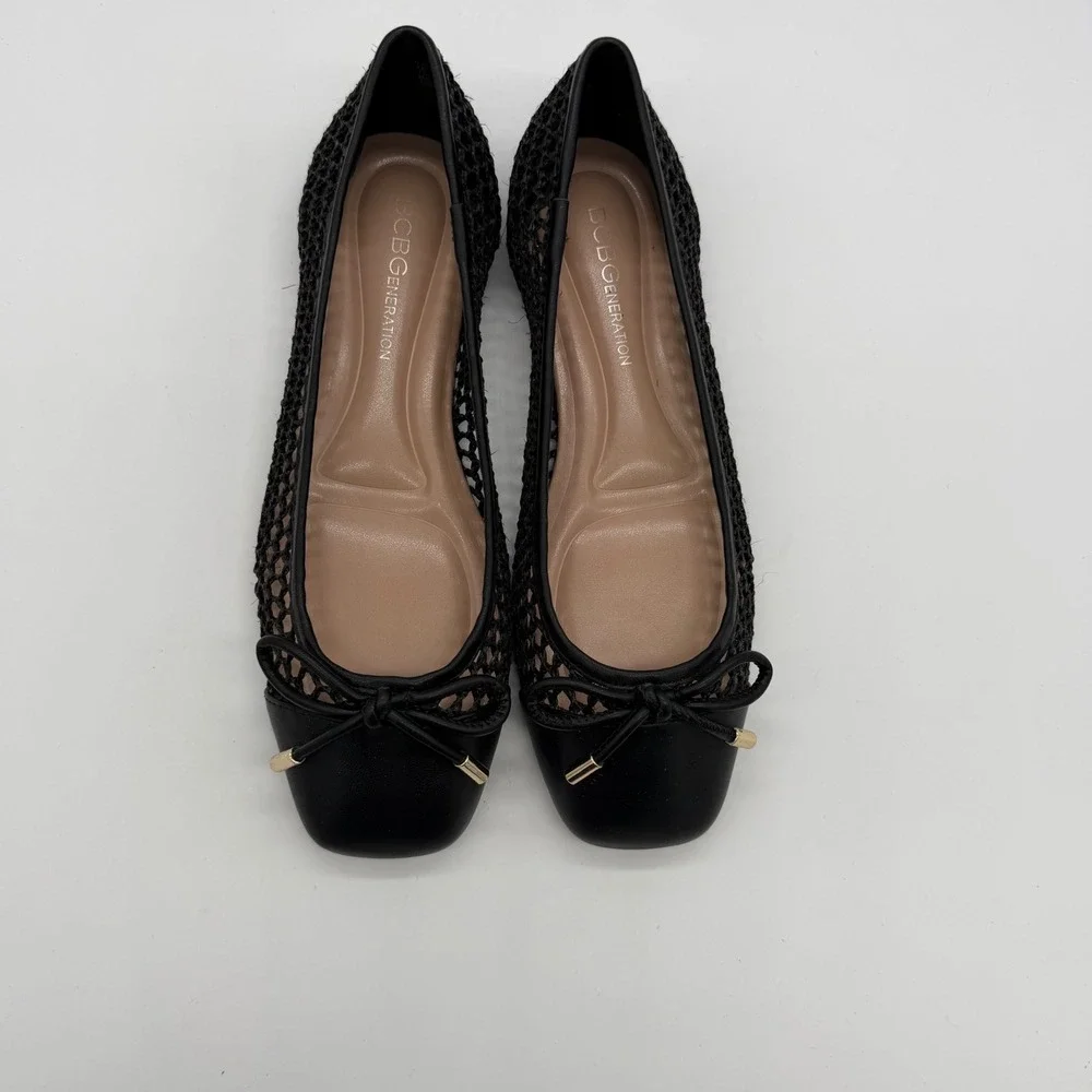 BCBGeneration Hartly Black Raffia Mesh Ballet Flats GN243501 Square Toe 6.5M New